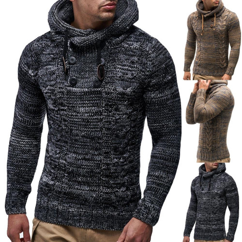 Men Hooded Sweater New Fashion Design Matching Color Hemp Double Row Button Up and Hat Knitted