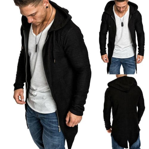 Men Coat Fashion Style Loose Solid Color Long Sleeve Zipper Hooded Coat
