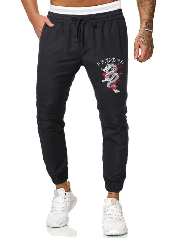 Men Japanese Letter And Chinese Dragon Graphic Drawstring Pants