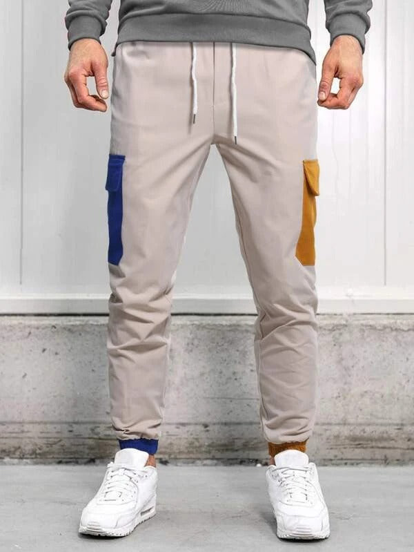 Men Color Block Flap Pocket Drawstring Waist Cargo Pants