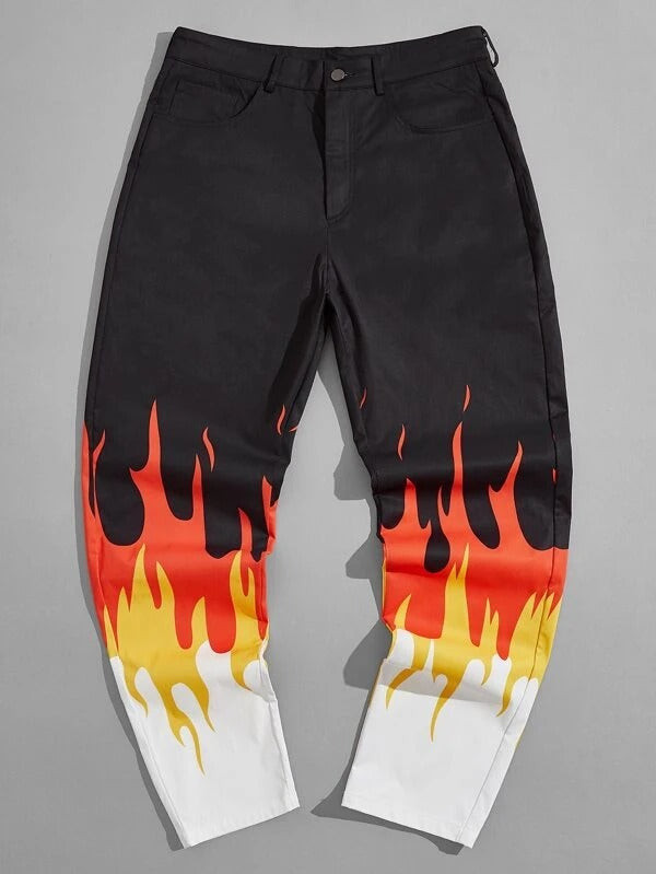 Men Zipper Fly Fire Print Pants