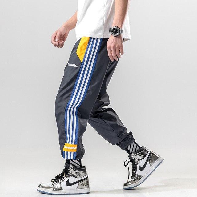 Men Cargo Pants Cotton Patchwork Pattern Drawstring Pockets Casual Trousers