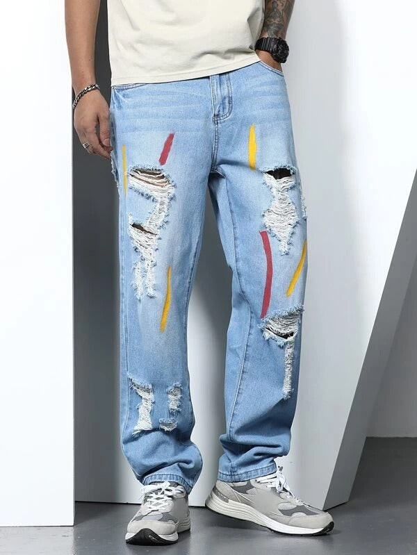 Men Painting Brush Ripped Jeans