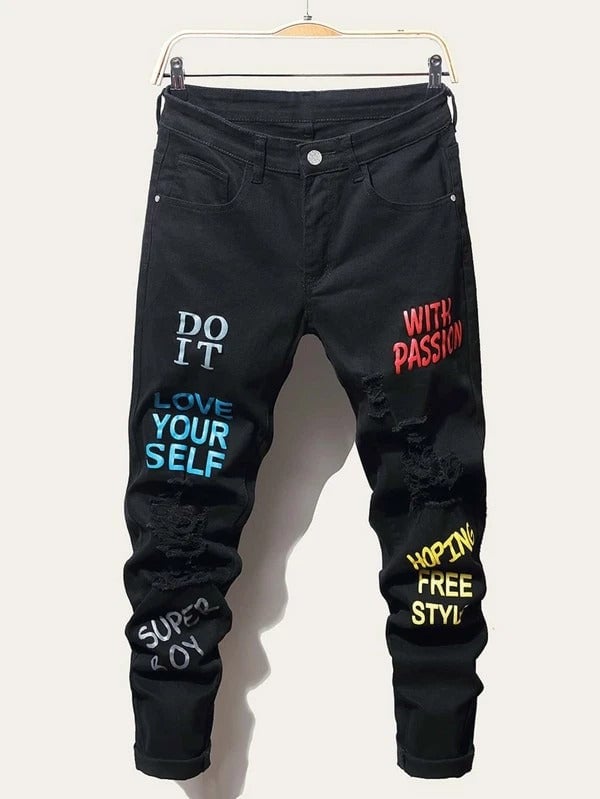 Men Slogan Graphic Ripped Jeans