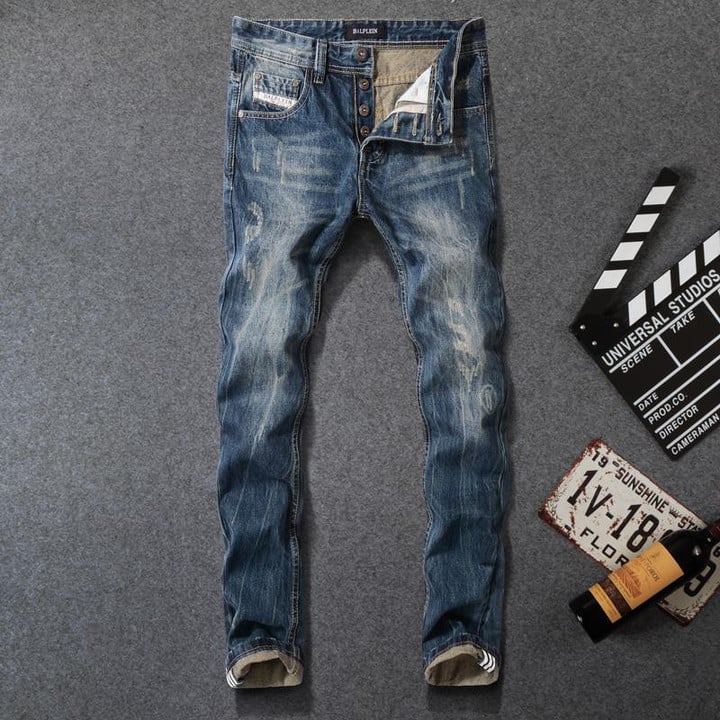 Vintage Classical Men Jeans High Quality Dark Blue Straight Fit Cotton Ripped Jeans