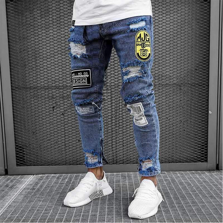 Men's Zipper Slim Skinny Stretchy Ripped Biker Embroidery Print Destroyed Jeans