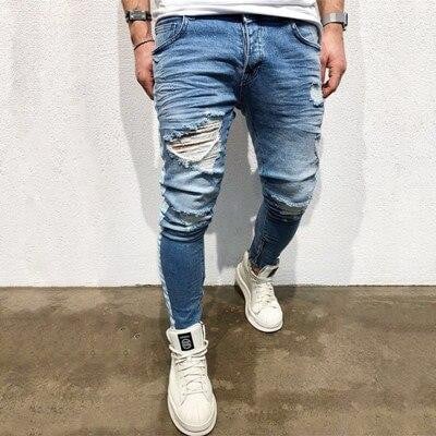 HOT Trendy Destroyed Knee Hole Side Zipper Slim Men Distressed Jeans