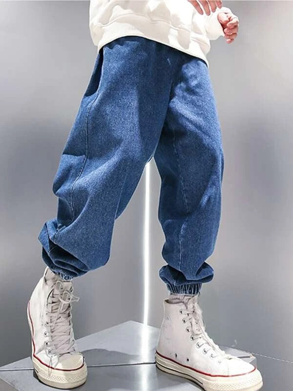 Men Solid Elastic Hem Jogger Jeans