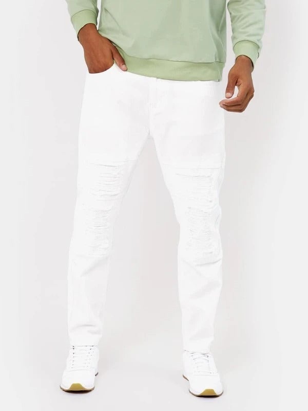Men Ripped Zipper Fly Tapered Jeans