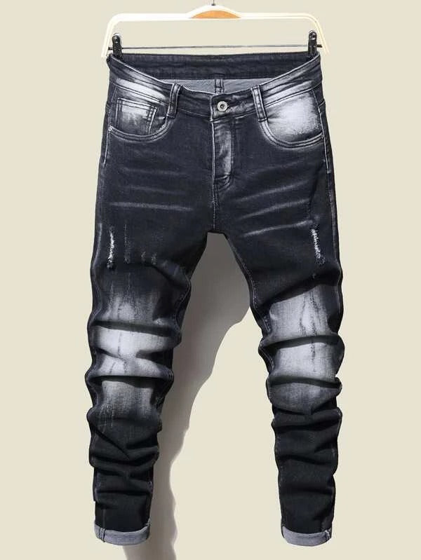 Men Contrast Panel Ripped Slant Pocket Jeans
