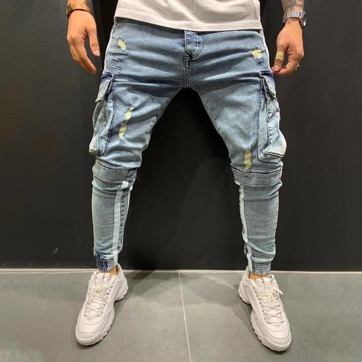 Men Ripped Harem Jeans Big Pockets Streetwear Side Stripe Cool Fashion