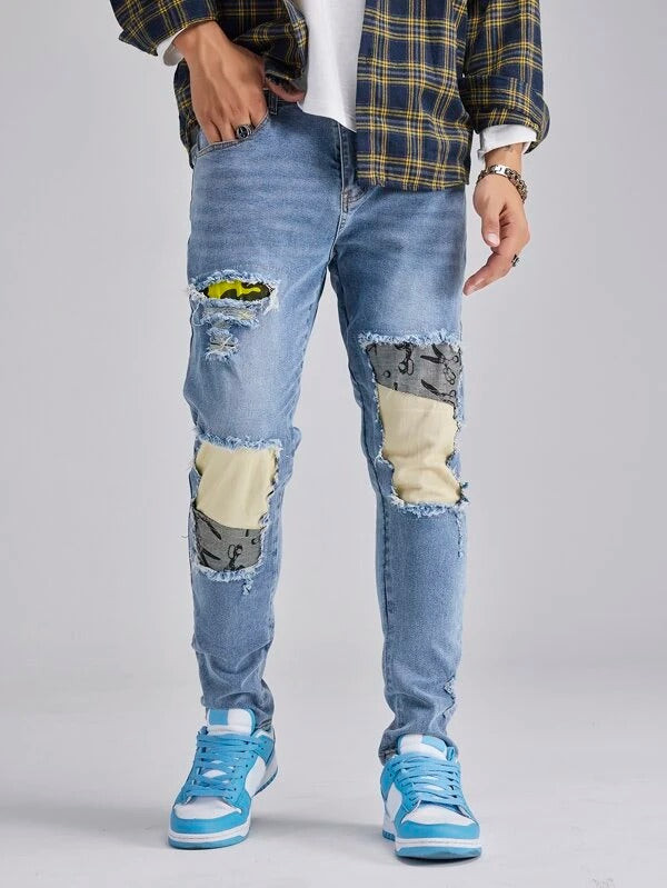 Men Contrast Panel Raw Trim Tapered Jeans
