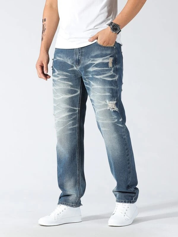 Men Stone Washed Ripped Straight Leg Jeans