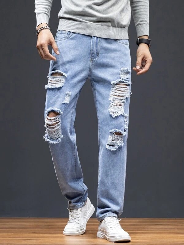 Men Ripped Washed Straight Leg Jeans