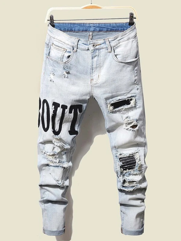 Men Letter Embroidery Ripped Patched Jeans