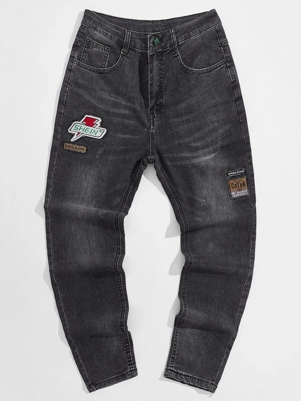 Men Letter Patched Washed Jeans