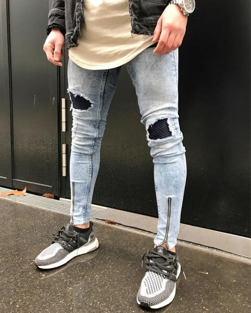 Men Jeans Stretch Destroyed Hole Ripped Design Fashion Ankle Zipper Skinny Jeans