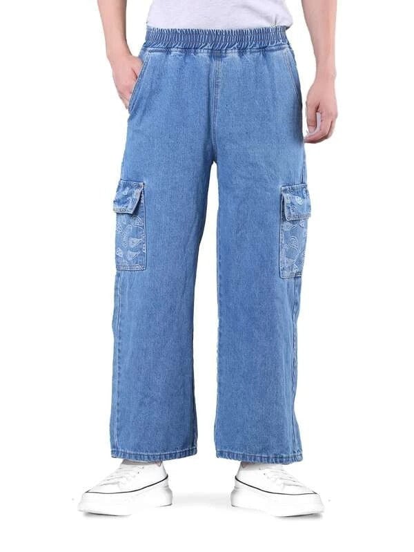Men High Waist Paisley Print Flap Pocket Side Cargo Jeans