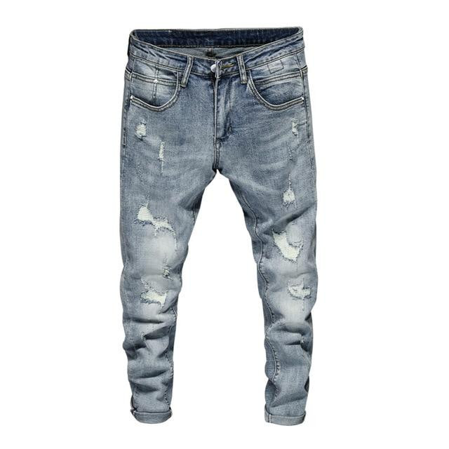 Men Jeans Fashion High Street Style Elastic Slim Fit Hole Ripped Biker Jean