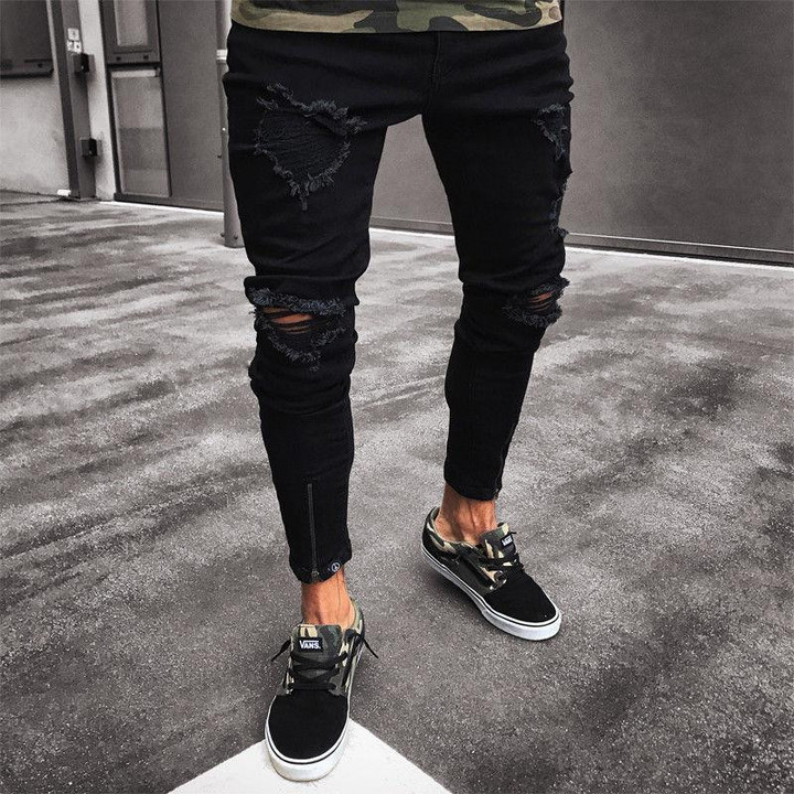 Mens Cool Designer Brand Black  Skinny Ripped Destroyed Stretch Jeans