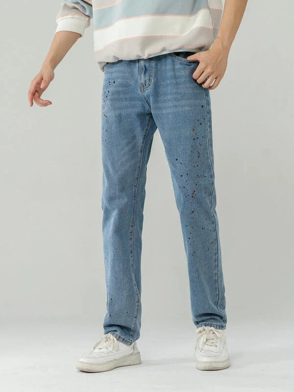 Men Splatter Print Straight Leg Jeans