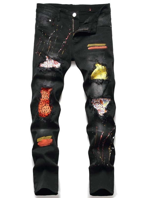 Men Ink Print Ripped Patched Pocket Jeans