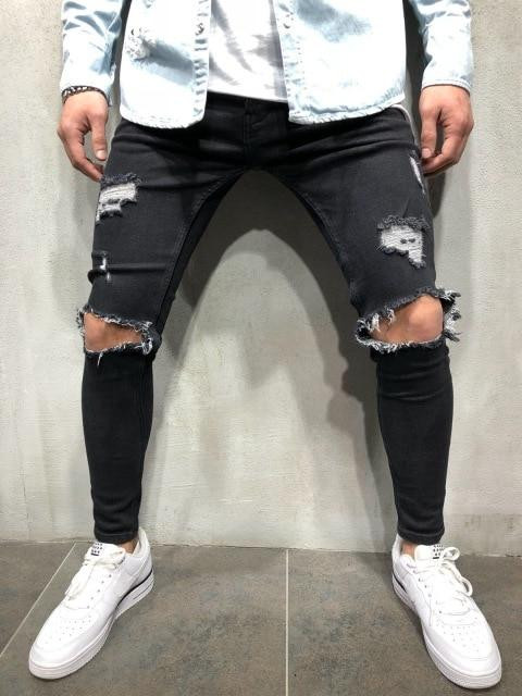 New Fashion Streetwear Men's Hip Hop Skinny Zipper  Destroyed Ripped Jeans