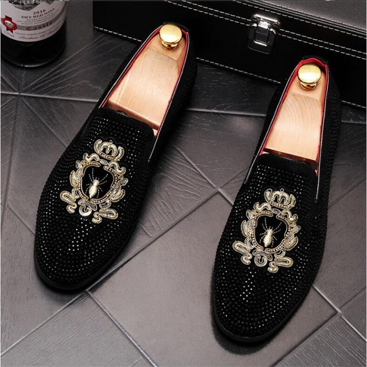 Men Luxury Embroidery Diamond Rhinestones Spikes Dress Shoes