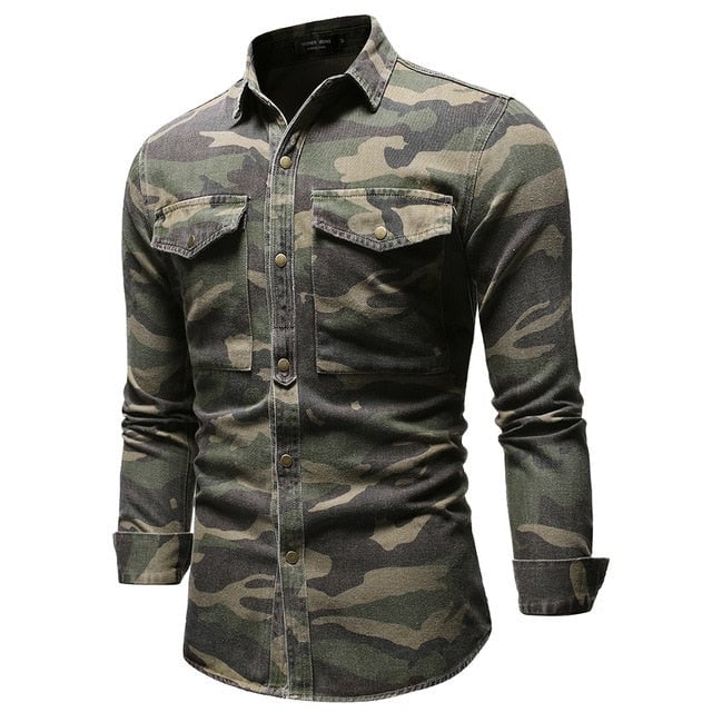 Men Wash Camouflage Long Sleeve Casual Denim Shirt