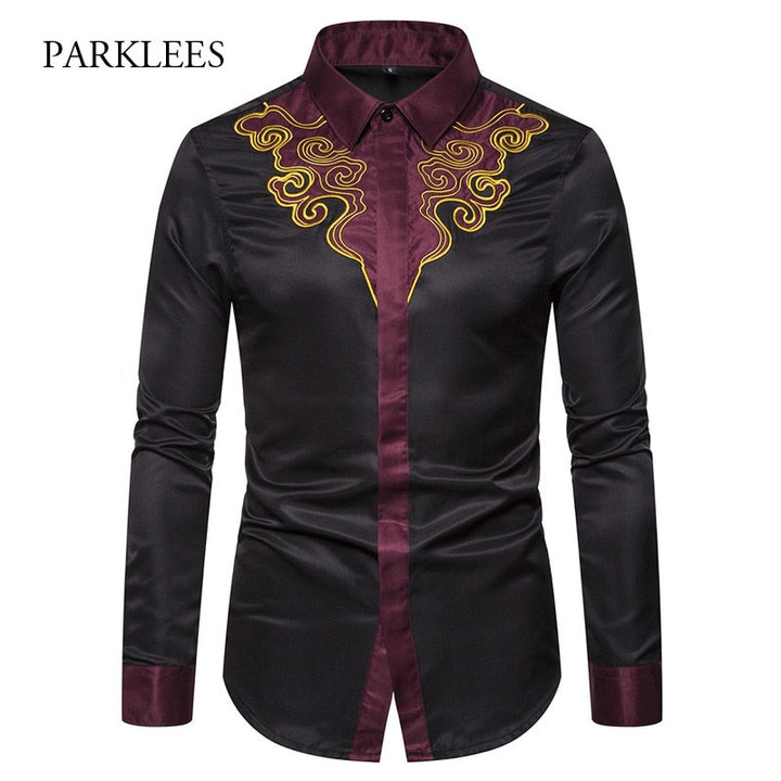 Men Embroidery Contrast Patchwork Floral Shirt