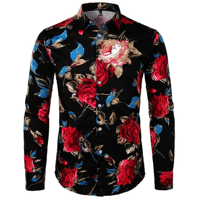 Men Rose Floral Print Slim Fit Long Sleeve Hawaiian Shirt