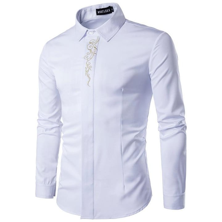 Men Fashion Design Long Sleeve Embroidery Pattern Cotton Shirt