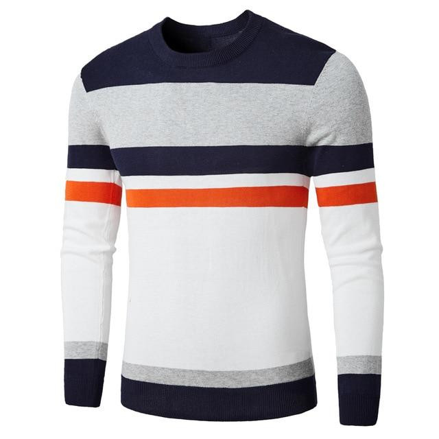 Men Sweater Casual Knitted Soft Cotton Fashion Striped O-Neck Sweater
