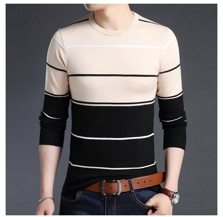 Men Sweater New Fashion Bran Striped Slim Fit Knitted Woolen