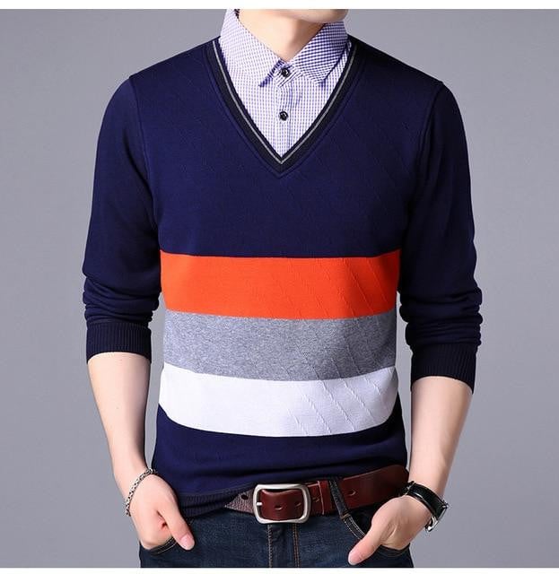 New Fashion Men Pullover Slim Fit Striped V-Neck Cotton Sweater