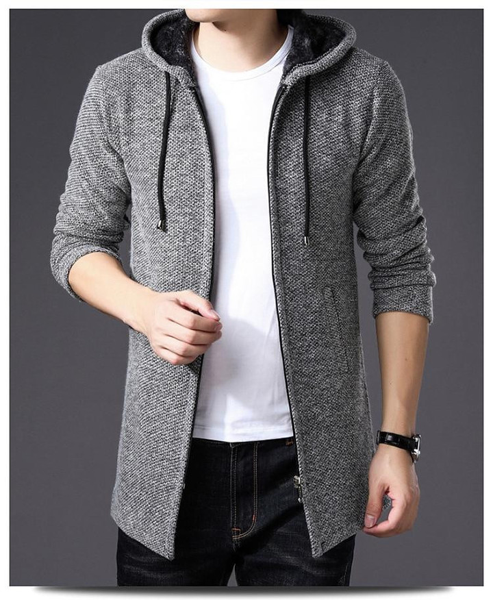 Men Sweater Thick Warm Long Hooded Sweater With Cotton Liner Zipper