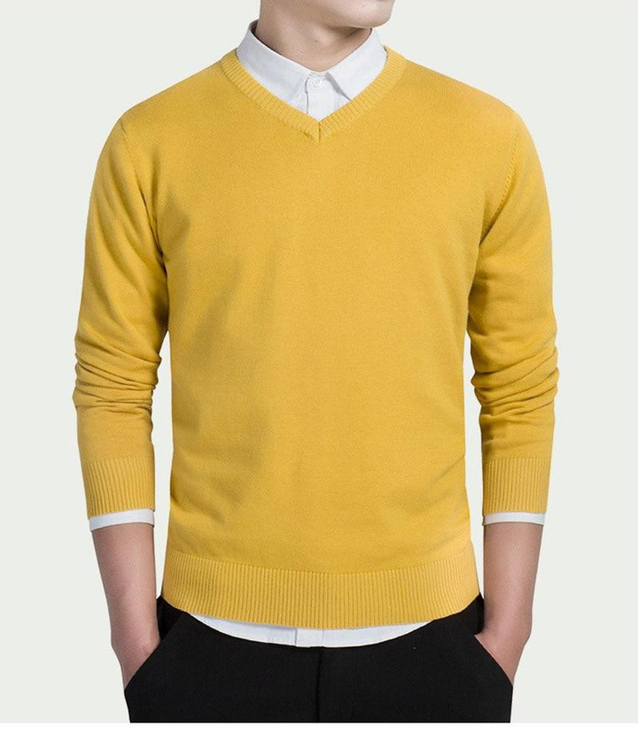 Men Sweater Solid Color V-neck Simple Fashion Slim Fit Cotton Knitted