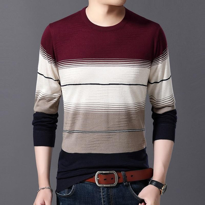 New Arrival Men Sweater O-Neck Striped Slim Fit Pullover Fashion Brand Design