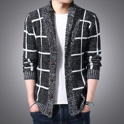 Men Plaid Cardigan Fashion Knitted Slim Fit Top Brand Design Sweater