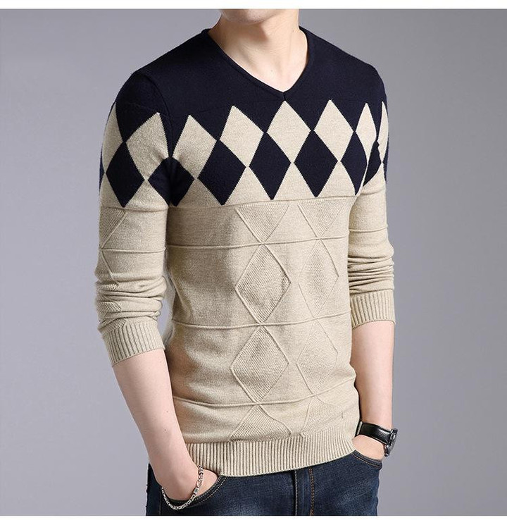 Autumn Winter Men Sweater Fashion O-Neck Patchwork Cotton Knitted Pullover