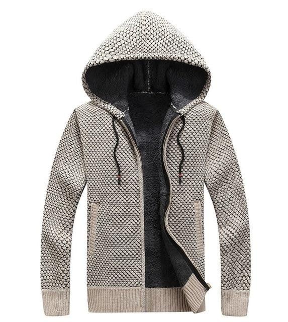 New Fashion Men Hooded Sweater Thick Warm Solid Color Slim Fit Wool Fur Sweater