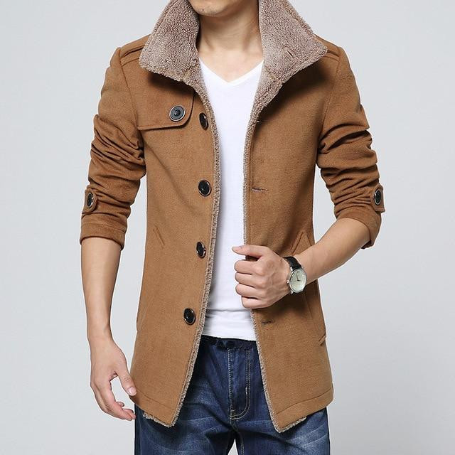 Men Winter Coat Long Sleeve Thick Warm Windbreaker Woolen Blended Coat