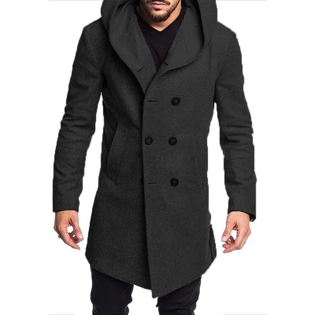 Men Trench Coat Double-breasted Windbreaker Cool Fashion Style Hooded Coat