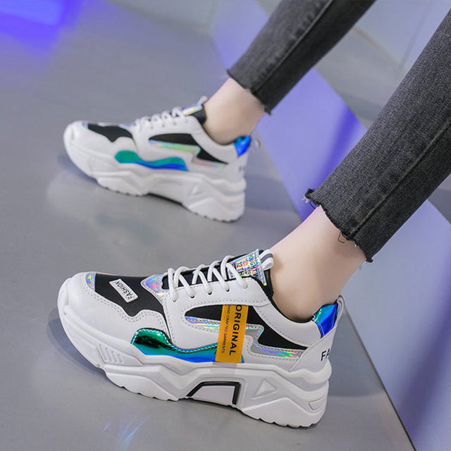 Women Sneakers Cross Tie Leather Flat Platform Vulcanized Shoes