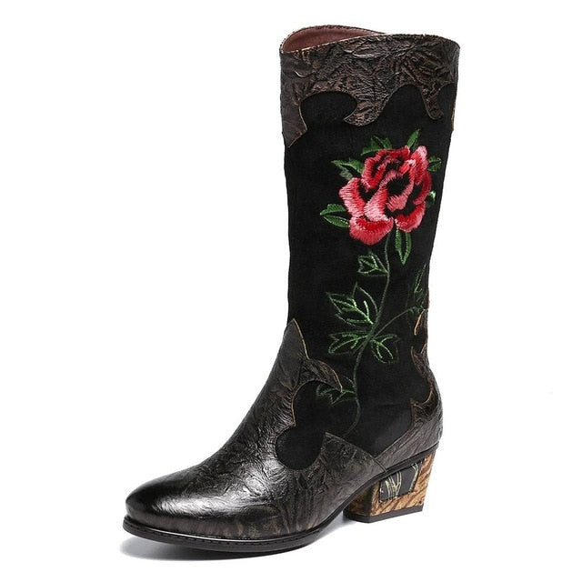 Women Retro Embroidered Rose Genuine Leather Stitching Mid Calf Boots