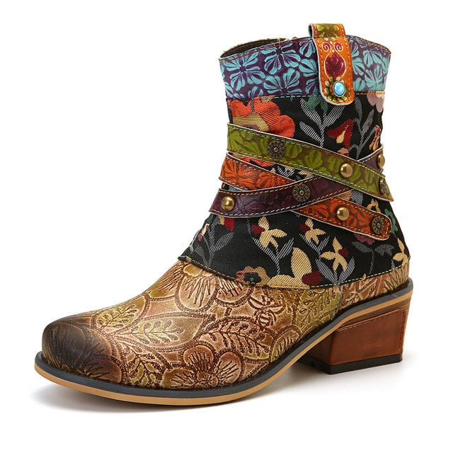 Women Retro Hand Painted Genuine Leather Flat Boots