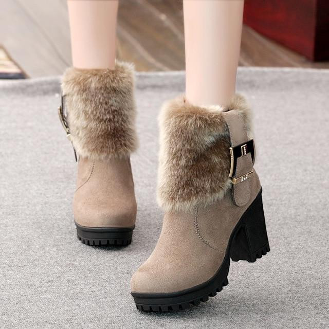 Women Ankle Boots Classic Fashion Buckle Warm Fur Sexy High Heels