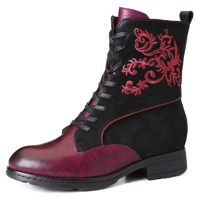 Women Retro Elegant Embroidery Genuine Leather Stitching Comfy Soft Ankle Boots