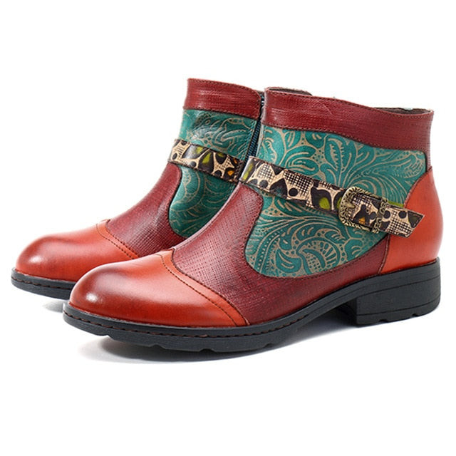 Women Retro Printed Genuine Leather Ankle Boots