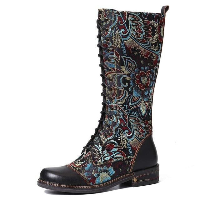 Women Flowers Pattern Colorful Stitching Lace Up  Mid Calf Boots